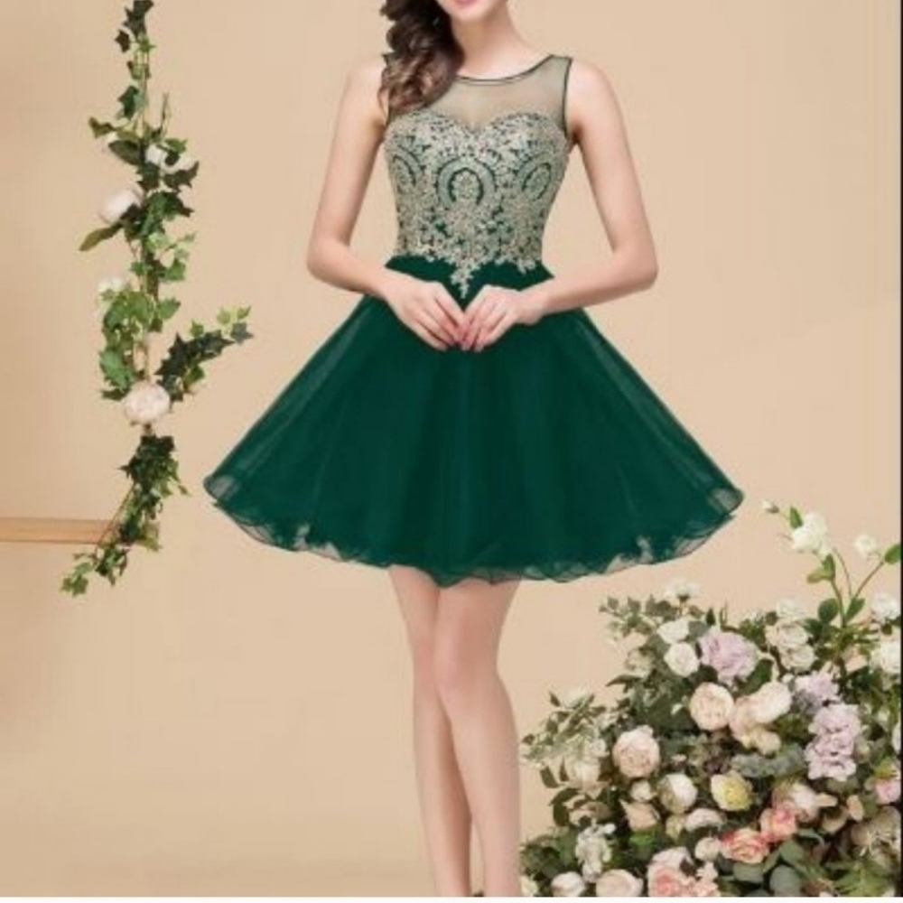 Dark Green Party Floral Fit and Flare, Embroidered Lace Mini Dress